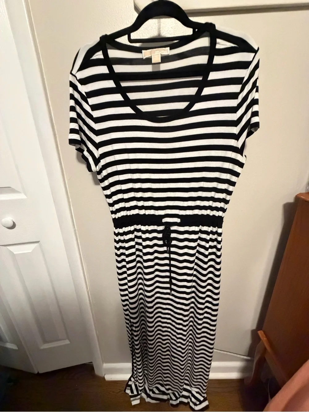 Michael Kors Black & White Striped Short-Sleeve Maxi Dress